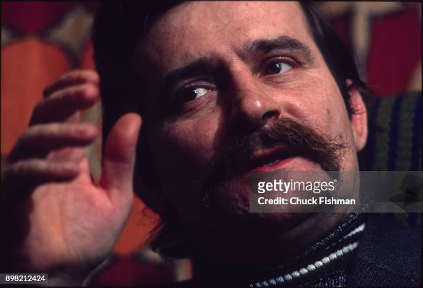 Close-up of Polish trade-unionist Lech Walesa at Solidarity headquarters, Gdansk, Poland, December 1980.
