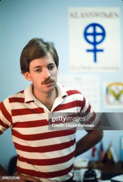 Portrait of American white supremacist and Grand Wizard of the Ku Klu Klan David Duke, hands on his hips, as he stands in his Patriot Bookstore ,...