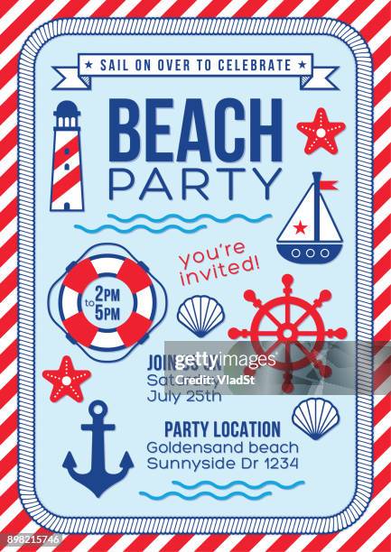 nautical beach party navy sailor birthday celebration invitation - party on the pier stock illustrations