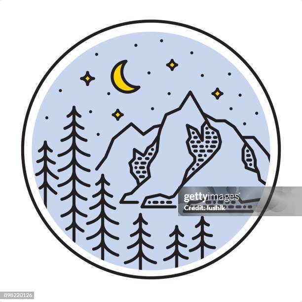 starlight мountain forest landscape - outline style nature - snow explorer stock illustrations