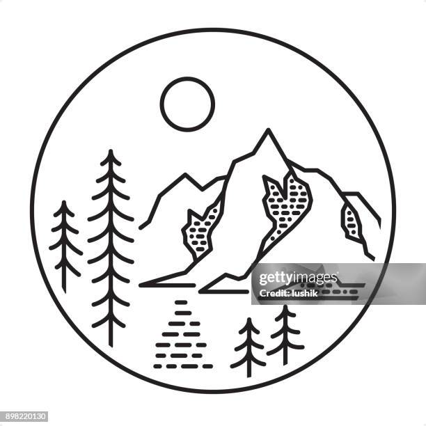 outline style mountain lake icon - valley icon stock illustrations