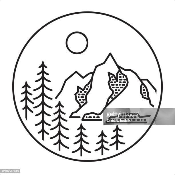 outline style mountain forest landscape - winter sport stock illustrations
