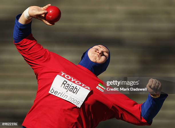 Leyla Rajabi of Iran competes in the women's Shot Put Qualification during day two of the 12th IAAF World Athletics Championships at the Olympic...