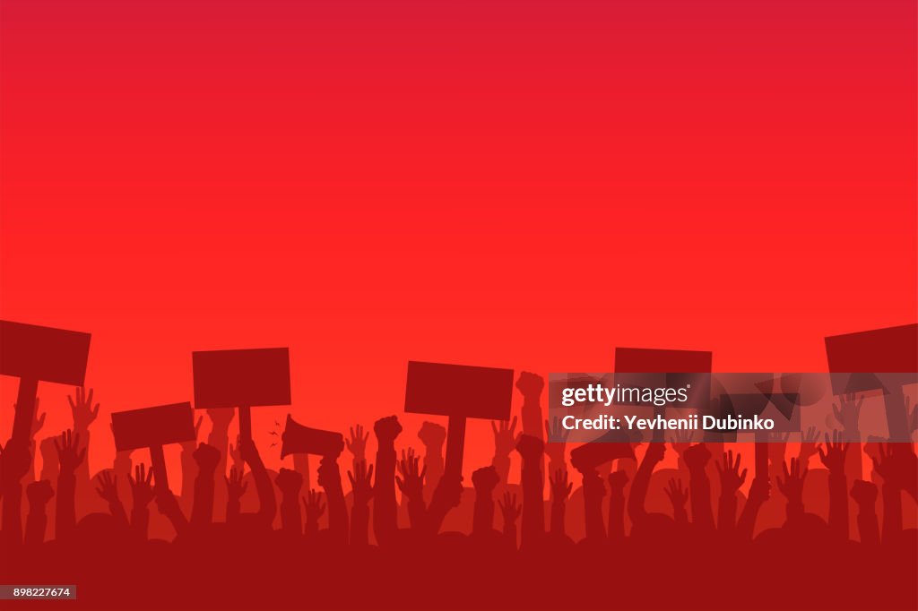Crowd of protesters people. Silhouettes of people with banners and megaphones. Concept of revolution or protest