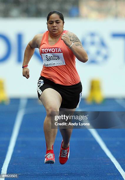 Savannah Sanitoa of American Samoa competes in the women's 100 Metres Heats during day two of the 12th IAAF World Athletics Championships at the...