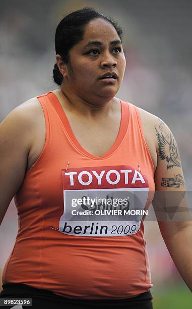 American Samoa's Savannah Sanitova reacts after competeing in the women's 100m round 1 heat 8 race of the 2009 IAAF Athletics World Championships on...