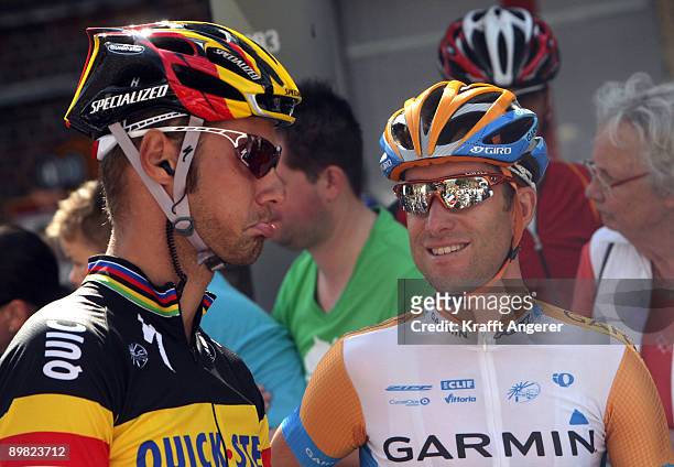 Tom Boonen of the Quik Step team and Christian Vande Velde of the Garmin-Slipstream team talk before the Vattenfall Cyclassics on August 16, 2009 in...