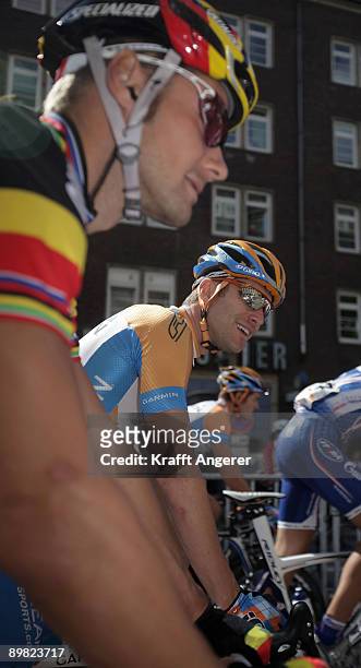 Tom Boonen of the Quik Step team and Christian Vande Velde of the Garmin-Slipstream team poses before the Vattenfall Cyclassics on August 16, 2009 in...