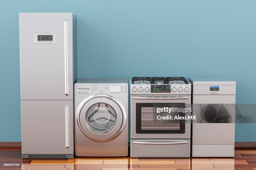 Washing machine, gas stove, fridge and dishwasher in room on the wooden floor, 3D rendering