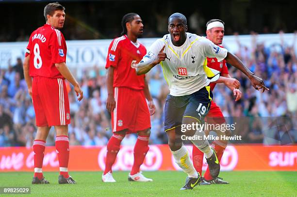 Sebastien Bassong of Tottenham celebrates after scoring his team's second goal on his debut during the Barclays Premier League match between...