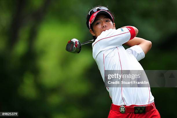 Ryo Ishikawa of Japan watches his tee shot on the 14th hole during the final round of the 91st PGA Championship at Hazeltine National Golf Club on...