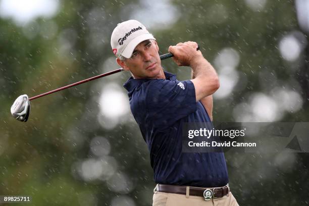 Corey Pavin hits his tee shot on the first hole during the final round of the 91st PGA Championship at Hazeltine National Golf Club on August 16,...