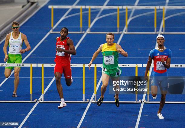 Brendan Cole of Australia, Jehue Gordon of Trinidad and Tobago, Lj Van Zyl of South Africa and Javier Culson of Puerto Rico compete in the men's 400...