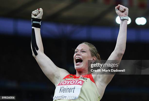 Nadine Kleinert of Germany celebrates a put in the women's Shot Put Final during day two of the 12th IAAF World Athletics Championships at the...