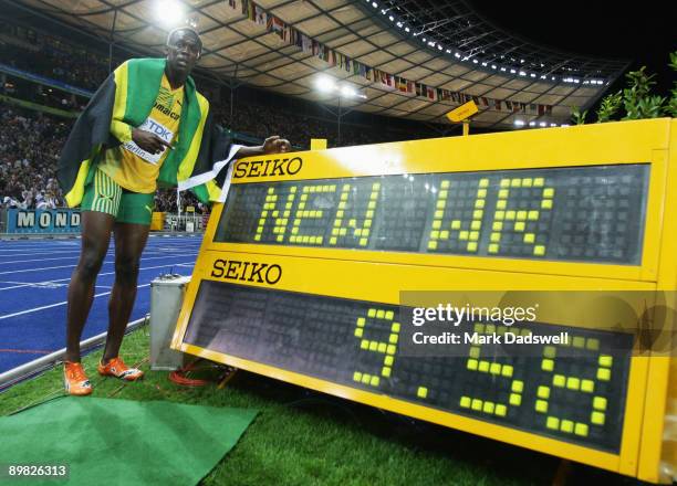 Usain Bolt of Jamaica celebrates winning the gold medal in the men's 100 Metres Final during day two of the 12th IAAF World Athletics Championships...