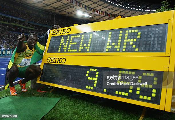 Usain Bolt of Jamaica celebrates winning the gold medal in the men's 100 Metres Final during day two of the 12th IAAF World Athletics Championships...