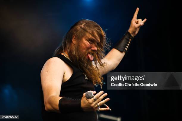 Johan Hegg of Amon Amarth performs on stage on the last day of Bloodstock Open Air festival at Catton Hall on August 16, 2009 in Derby, England.