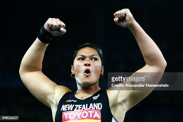 Valerie Vili of New Zealand celebrates winning the gold medal in the women's Shot Put Final during day two of the 12th IAAF World Athletics...