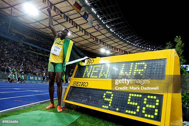 Usain Bolt of Jamaica celebrates winning the gold medal in the men's 100 Metres Final during day two of the 12th IAAF World Athletics Championships...