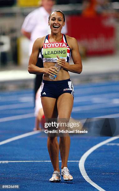 Jessica Ennis of Great Britain & Northern Ireland celebrates winning the gold medal in the women's Heptathlon during day two of the 12th IAAF World...