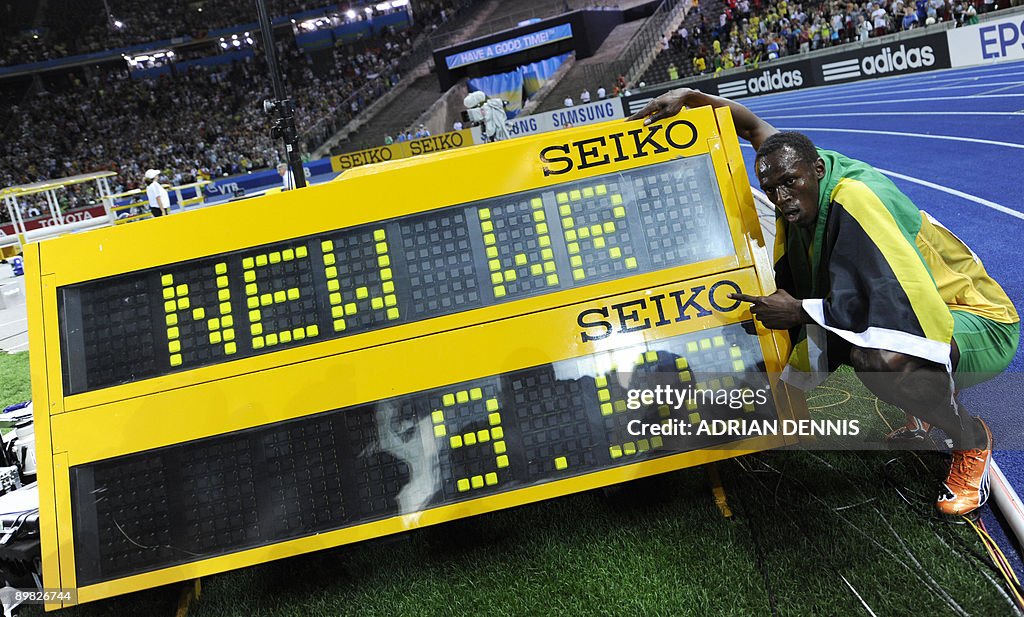 Jamaica's Usain Bolt celebrates after wi
