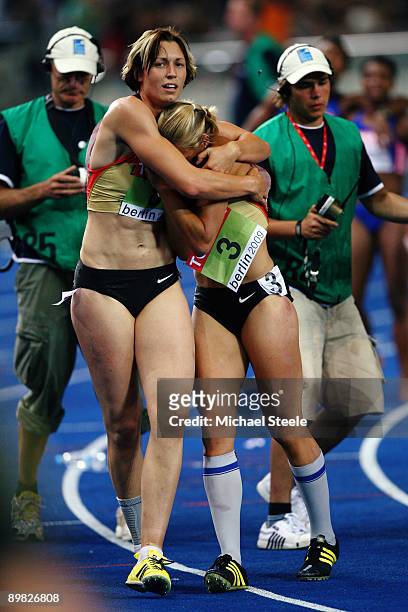 Jennifer Oeser of Germany and Julia Mächtig of Germany celebrate after the women's Heptathlon Final during day two of the 12th IAAF World Athletics...