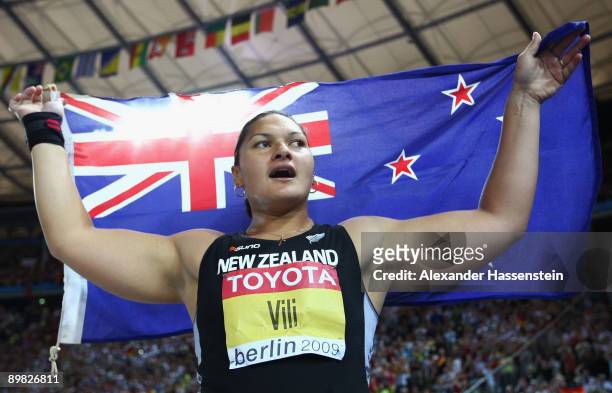 Valerie Vili of New Zealand celebrates winning the gold medal in the women's Shot Put Final during day two of the 12th IAAF World Athletics...