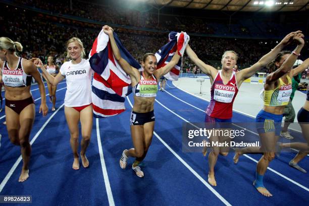 Brianne Theisen of Canada, Jessica Ennis of Great Britain & Northern Ireland and Ida Marcussen of Norway celebrate after the women's Heptathlon Final...