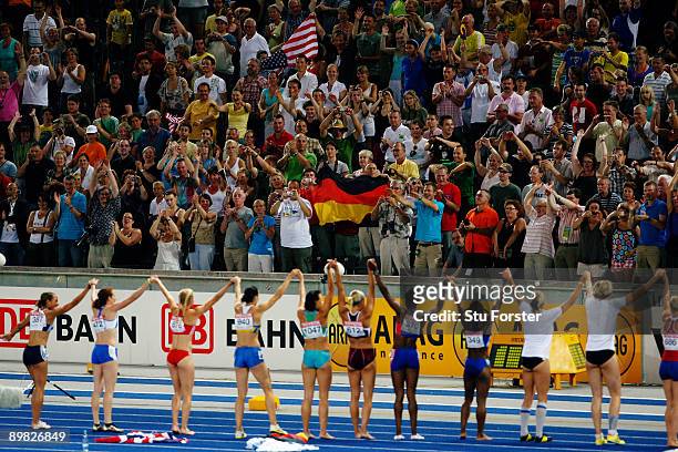 The crowd greets the Heptathlon competitors after Jessica Ennis of Great Britain & Northern Ireland won the gold medal in the women's Heptathlon...