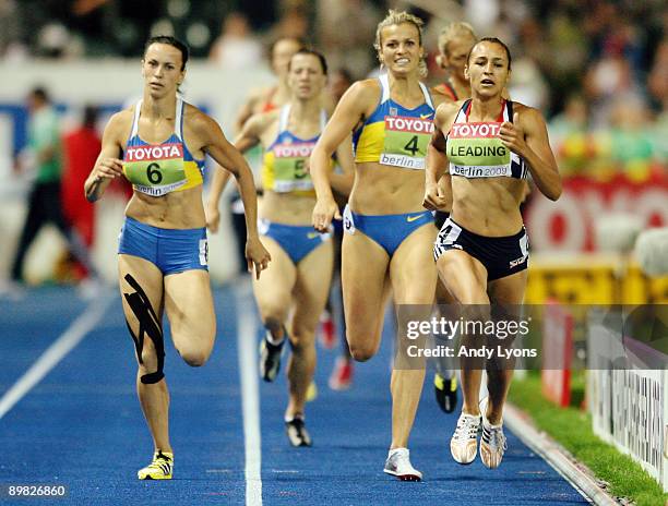 Jessica Ennis of Great Britain & Northern Ireland crosses the line in the Heptathlon 800 Metres to win the gold medal in the women's Heptathlon...