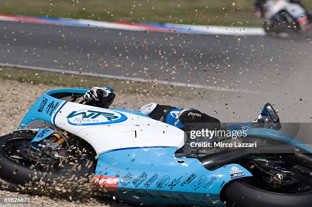 Alex Baldolini of Italy and WTR San Marino Team crashes out during the 250cc race in the MotoGP World Championship Grand Prix of Czech Republic on...