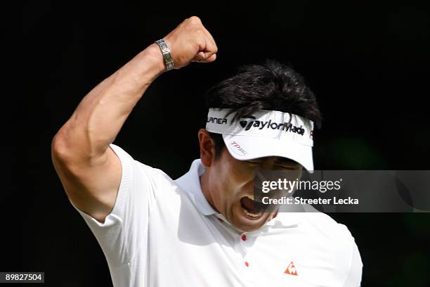 Yang of South Korea celebrates after holing out for eagle on the 14th hole during the final round of the 91st PGA Championship at Hazeltine National...