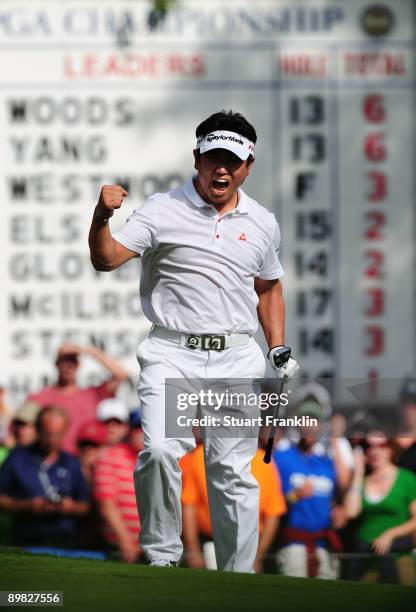 Yang of South Korea celebrates after holing out for eagle on the 14th hole during the final round of the 91st PGA Championship at Hazeltine National...