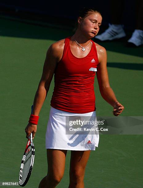 Dinara Safina of Russia reacts after losing a point to Jelena Jankovic of Serbia during the finals of the Western & Southern Financial Group Women's...