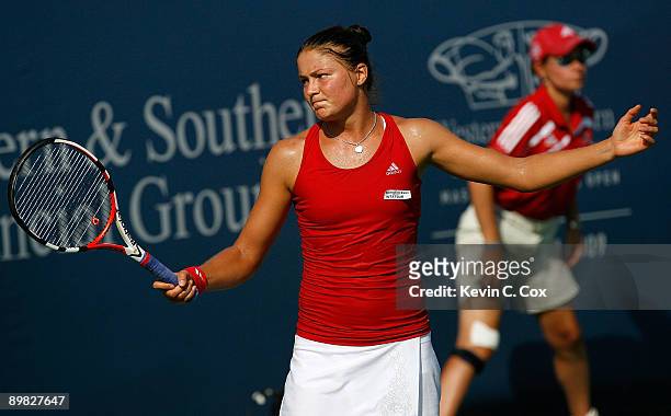 Dinara Safina of Russia reacts after losing a point to Jelena Jankovic of Serbia during the finals of the Western & Southern Financial Group Women's...