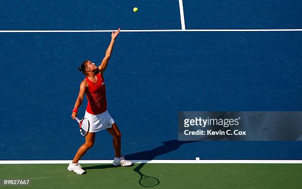 Dinara Safina of Russia serves to Jelena Jankovic of Serbia during the finals of the Western & Southern Financial Group Women's Open on August 16,...