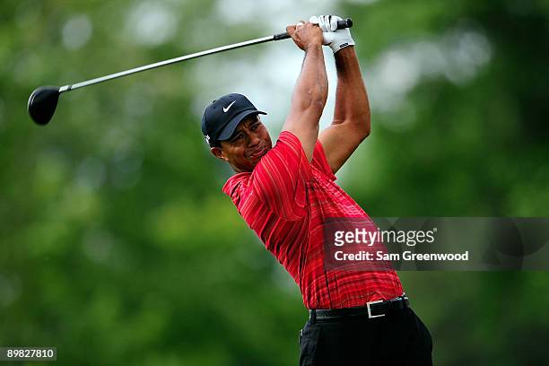 Tiger Woods hits a shot during the final round of the 91st PGA Championship at Hazeltine National Golf Club on August 16, 2009 in Chaska, Minnesota.