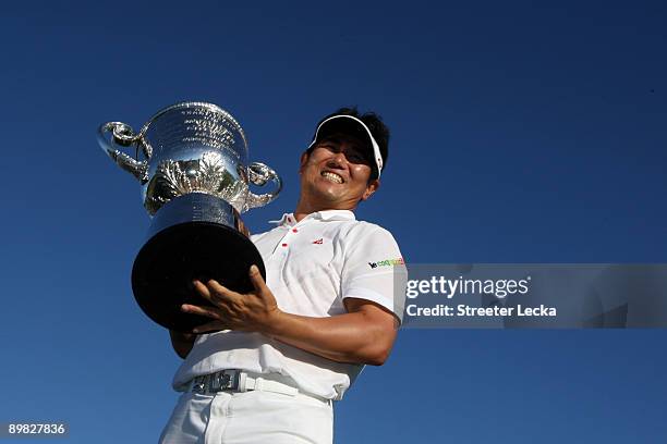 Yang of South Korea poses with the Wanamaker Trophy after his three-stroke victory at the 91st PGA Championship at Hazeltine National Golf Club on...