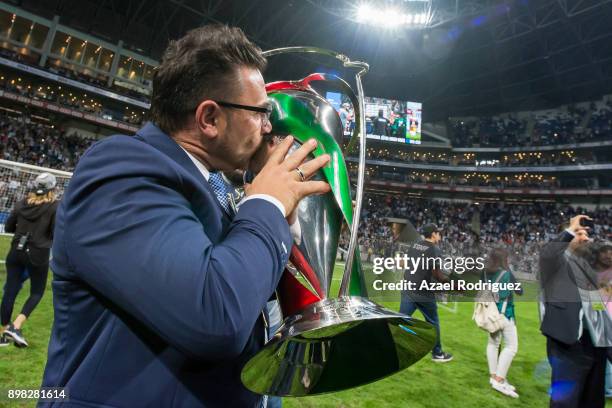 Antonio Mohamed, coach of Monterrey, kisses the winner's trophy after the Final match between Monterrey and Pachuca as part of the Copa MX Apertura...
