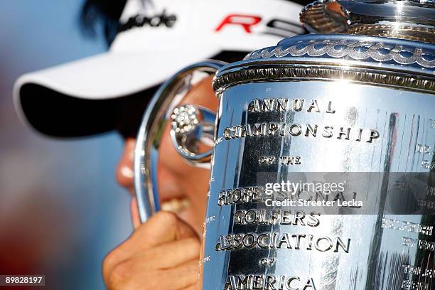 Yang of South Korea poses with the Wanamaker Trophy after his three-stroke victory at the 91st PGA Championship at Hazeltine National Golf Club on...