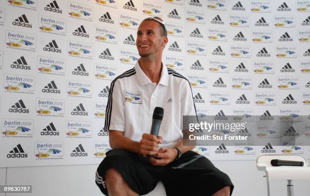 Athlete Jeremy Wariner of the USA speaks to the press during an Adidas Press conference at the Radisson Hotel during day three of the 12th IAAF World...