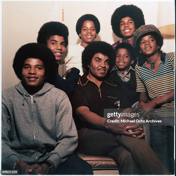 American singer Michael Jackson with his brothers Jackie, Tito, Marlon, Jermaine and Randy and their father Joseph, circa 1971.