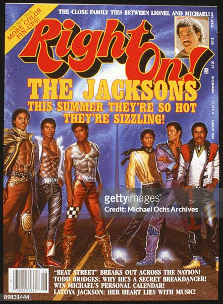 The Jacksons appear on the cover of 'Right On!' magazine, August 1984. The artwork is taken from the cover of their 'Victory' album. Singer Lionel...