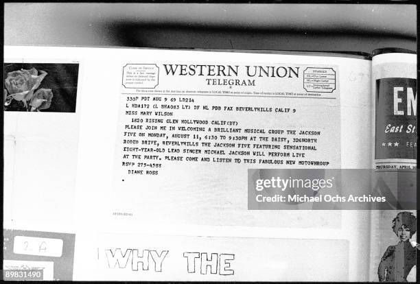 Western Union Telegram dated 9th August 1969, from Diane Ross to Mary Wilson of the Supremes, inviting her to a party at which The Jackson Five will...