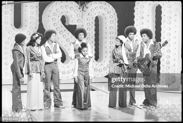 The Jackson family film a tv show at Burbank Studios, California, 13th November 1976. From left to right, Randy, La Toya, Marlon, Michael , Janet,...