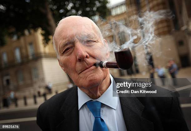 Former Labour MP Tony Benn arrives to lay a wreath at the Cenotaph on Whitehall at a Ceremony for the 204 dead Soldiers on August 17, 2009 in London,...