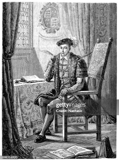 ilustrações de stock, clip art, desenhos animados e ícones de edward vi writing his journal - eduardo vi