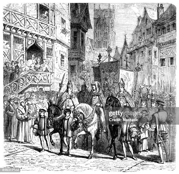 the triumphant entry of the catholic bishops in the mid 16th century, under the auspices of queen mary 1st, london, england - 16th century style stock illustrations