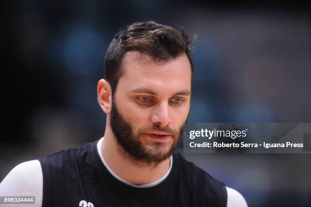 Stefano Gentile of Segafredo looks over during the warm up before the LBA LegaBasket of serie A match between Virtus Segafredo Bologna and Auxilium...