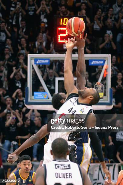 Marcus Slaughter of Segafredo competes with Trevor Mbakwe of Fiat during the LBA LegaBasket of serie A match between Virtus Segafredo Bologna and...